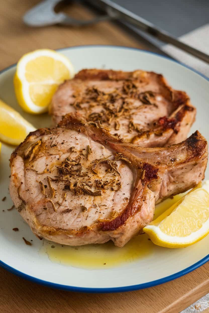 An indoor plate with pork chops sprinkled with dried oregano, lemon wedges squeezed over top, and a light drizzle of olive oil. No logos or text. Photo, not illustration.