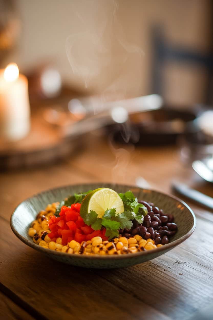 Photo of a rustic indoor dining table featuring a shallow bowl with charred corn kernels, black beans, diced red bell pepper, chopped cilantro, and a lime wedge garnish. Steam is faintly visible; no text or logos in the frame.