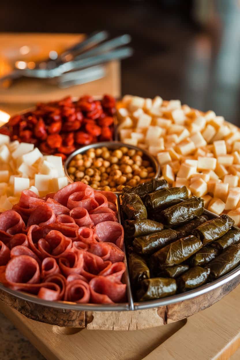 Indoor photo of a large platter partitioned into sections containing Spanish chorizo, Italian asiago, French cornichons, Greek stuffed grape leaves, and Indian mango chutney; warm ambient lighting, no text or logos