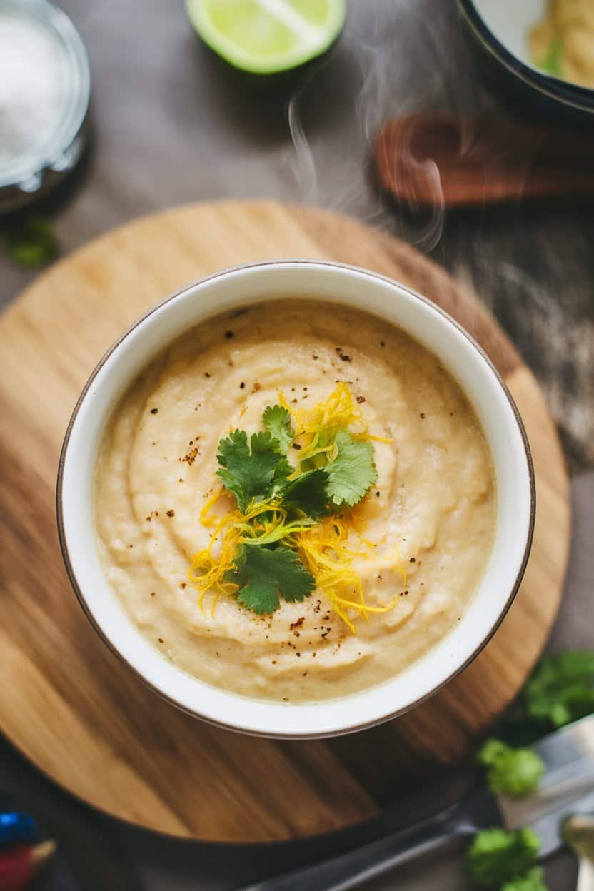 Indoor photo of a bowl of creamy cauliflower soup garnished with lime zest and cilantro, steam rising; overhead view, no text or logos