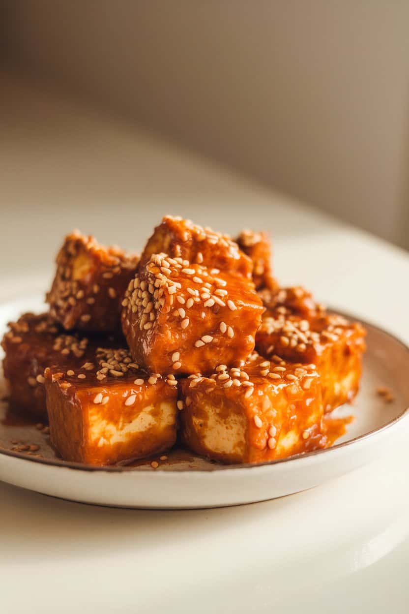 Indoor photo of crisp tofu cubes coated in glossy orange ginger glaze, sprinkled with sesame seeds on a white plate; no text or logos