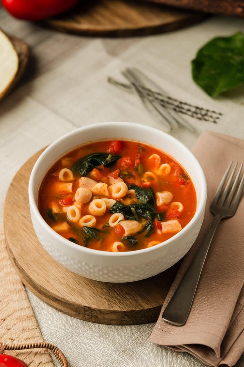 Indoor dining table featuring a bowl of turkey minestrone, elbow pasta, diced veggies, and spinach floating in tomato broth. No text or logos.
