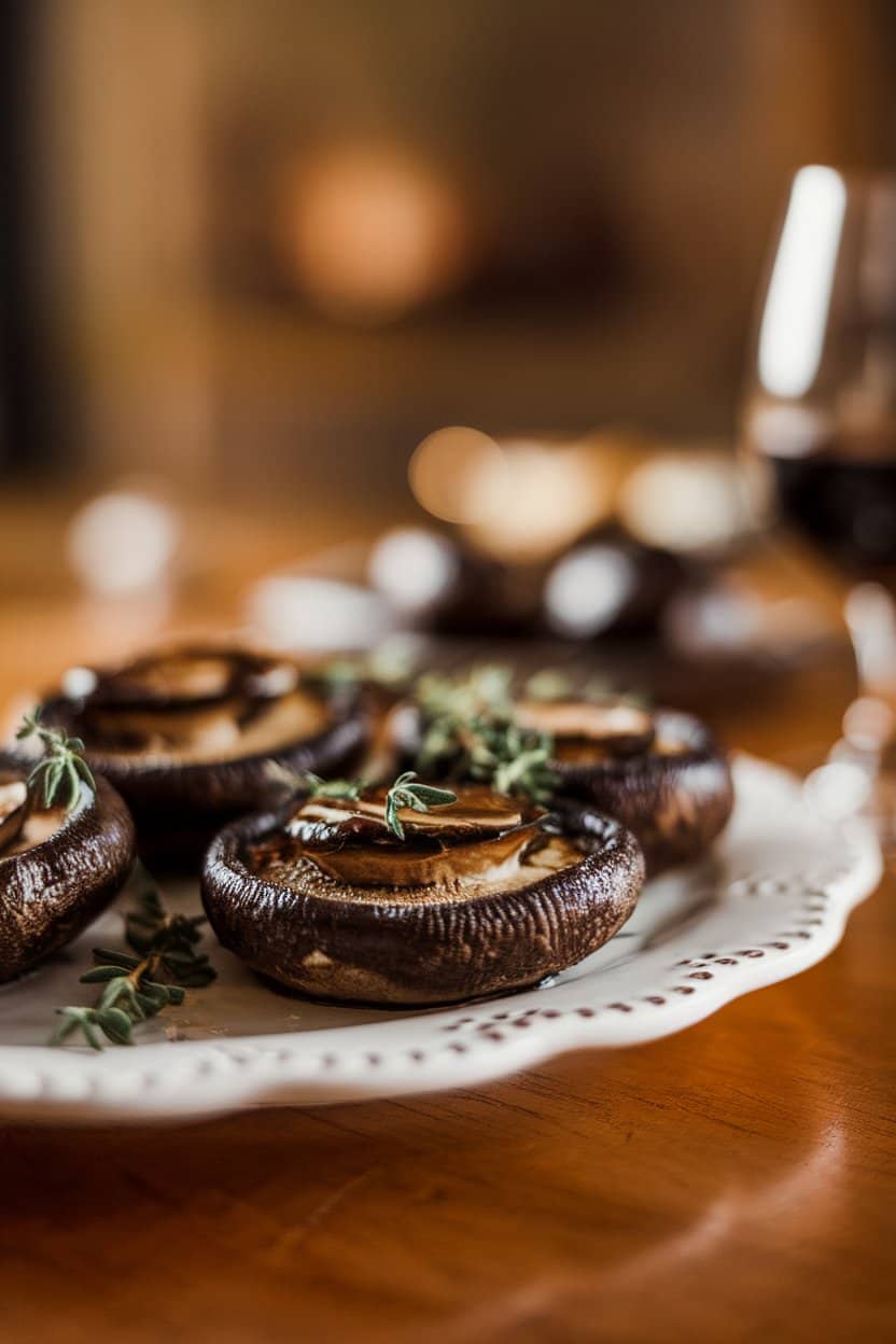 Indoor photo of seared portobello mushroom caps brushed with balsamic glaze on a white platter, sprinkle of thyme; warm dining table lighting, no text or logos