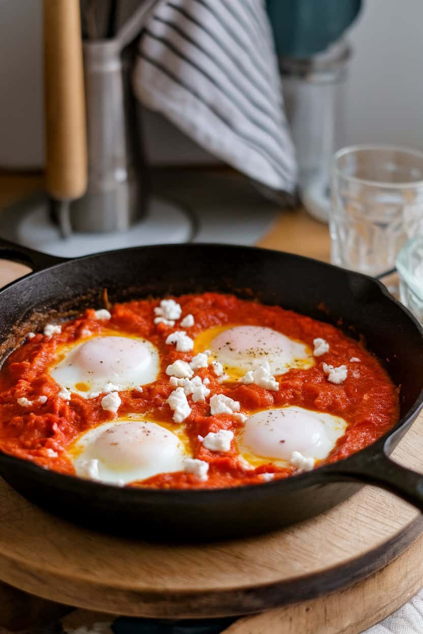 A cast-iron skillet indoors showing poached eggs in spiced tomato sauce, crumbled feta scattered, no text or logos.