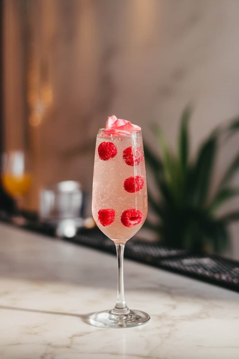 Photo of an indoor marble bar top holding a tall flute of pale pink sparkling mocktail dotted with fresh raspberries and a single rose petal floating on top; soft evening lighting; no text or logos.