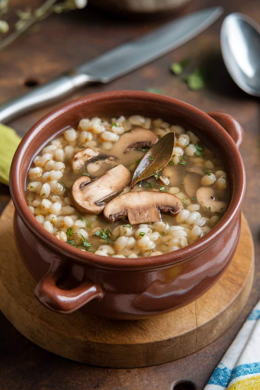 Indoor photo of hearty mushroom barley soup in a brown earthenware bowl, featuring visible barley grains and sliced mushrooms. No text or logos.