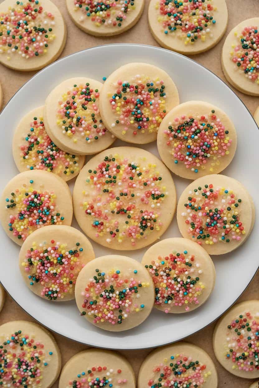 Indoor photo of round sugar cookies dotted with colorful sprinkles, arranged on a white plate, no text or logos.