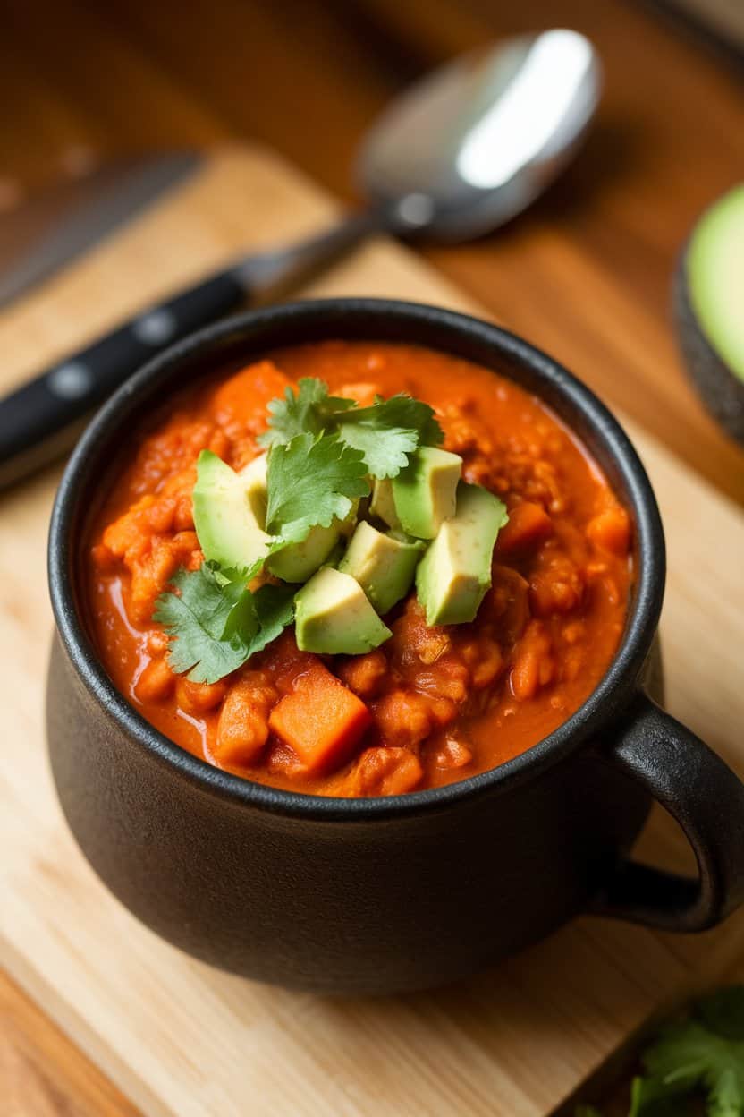 Indoor photo of chunky sweet potato chili in a cast-iron soup mug, topped with diced avocado and cilantro. No text or logos.