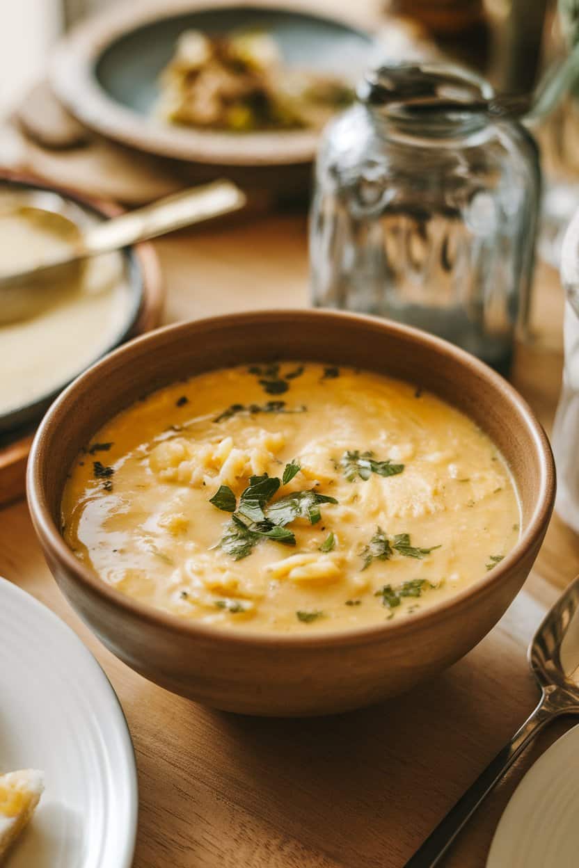 Indoor dining scene with a bowl of silky lemon-egg chicken soup, rice grains visible, garnished with parsley; no text or logos.