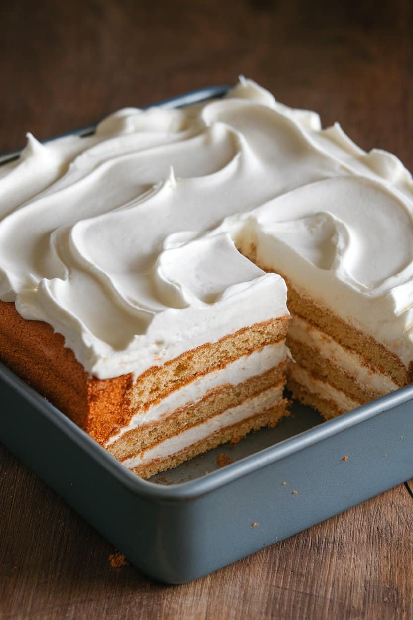 An indoor square baking dish of tres leches cake, a slice removed to show sponge soaked in coconut-lime milk mixture, topped with whipped coconut cream. No text or logos present.