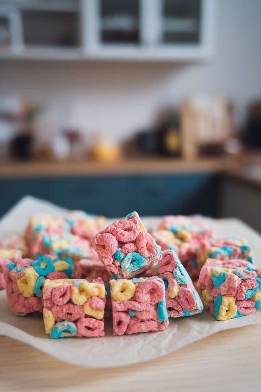 Indoor shot of multi-colored cereal marshmallow squares cut into cubes on parchment paper, no logos or text.