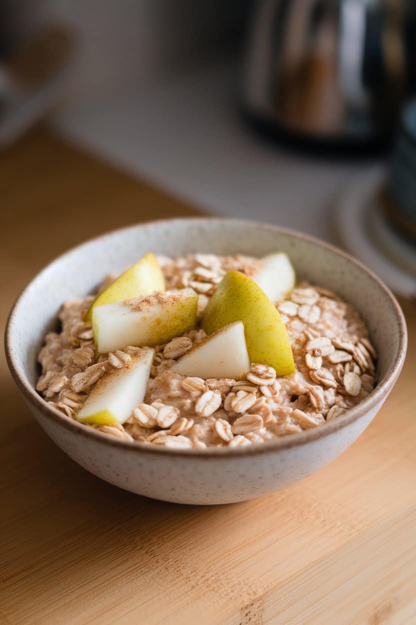 Indoor photo of oats studded with diced pear and a light dusting of ground cardamom, sitting in a simple white bowl; no text or logos.