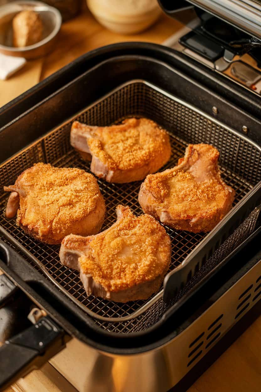 An indoor counter scene with an open air fryer basket holding golden panko-crusted pork chops, tongs resting beside it. No logos or text visible. Photo only.