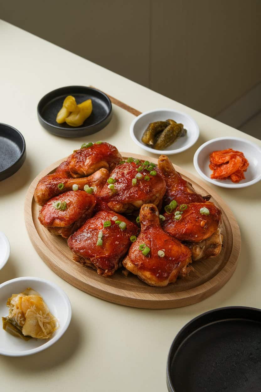 Indoor dining surface featuring a platter of red-hued gochujang roasted chicken thighs garnished with green onions. Photo only, logo-free.