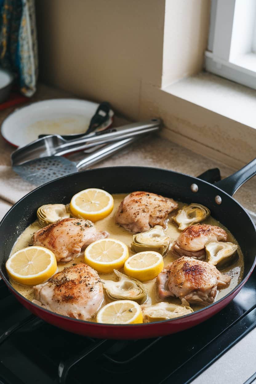 Indoor kitchen counter featuring a skillet of chicken thighs, halved canned artichokes, and lemon rounds in a light sauce. No logos, photograph.