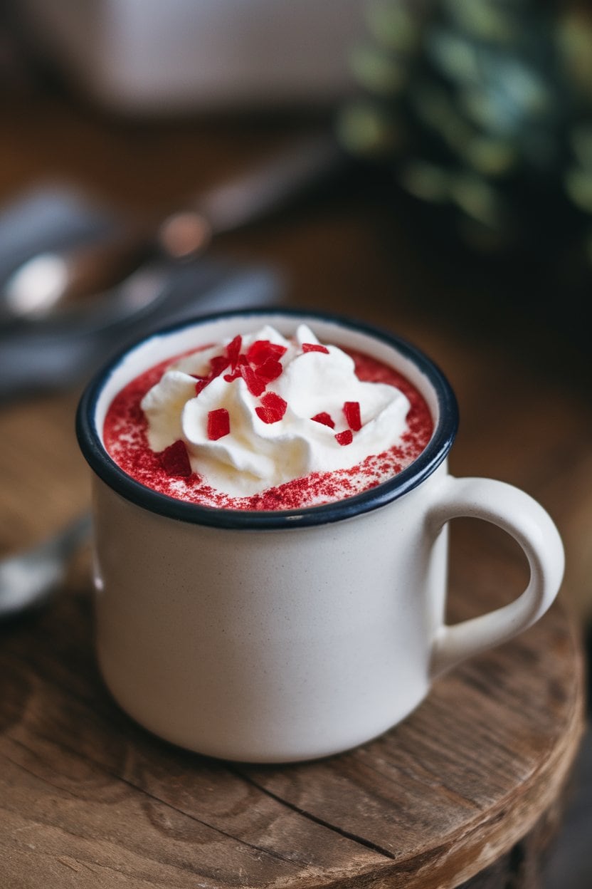 An indoor café-style countertop showing a white ceramic mug filled with ruby-red hot chocolate, topped with whipped cream and red sugar crystals. No text or logos on mug.