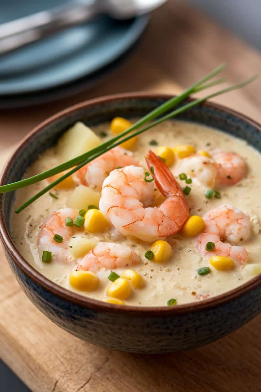 Indoor bowl of creamy chowder with shrimp, corn kernels, and diced potatoes, garnished with chives. No text or logos.