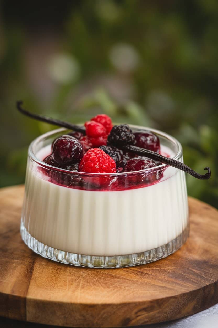 Indoor photo of a small glass ramekin of silky white panna cotta topped with glossy mixed berry compote, vanilla bean specks visible. Soft directional lighting, no text or logos.