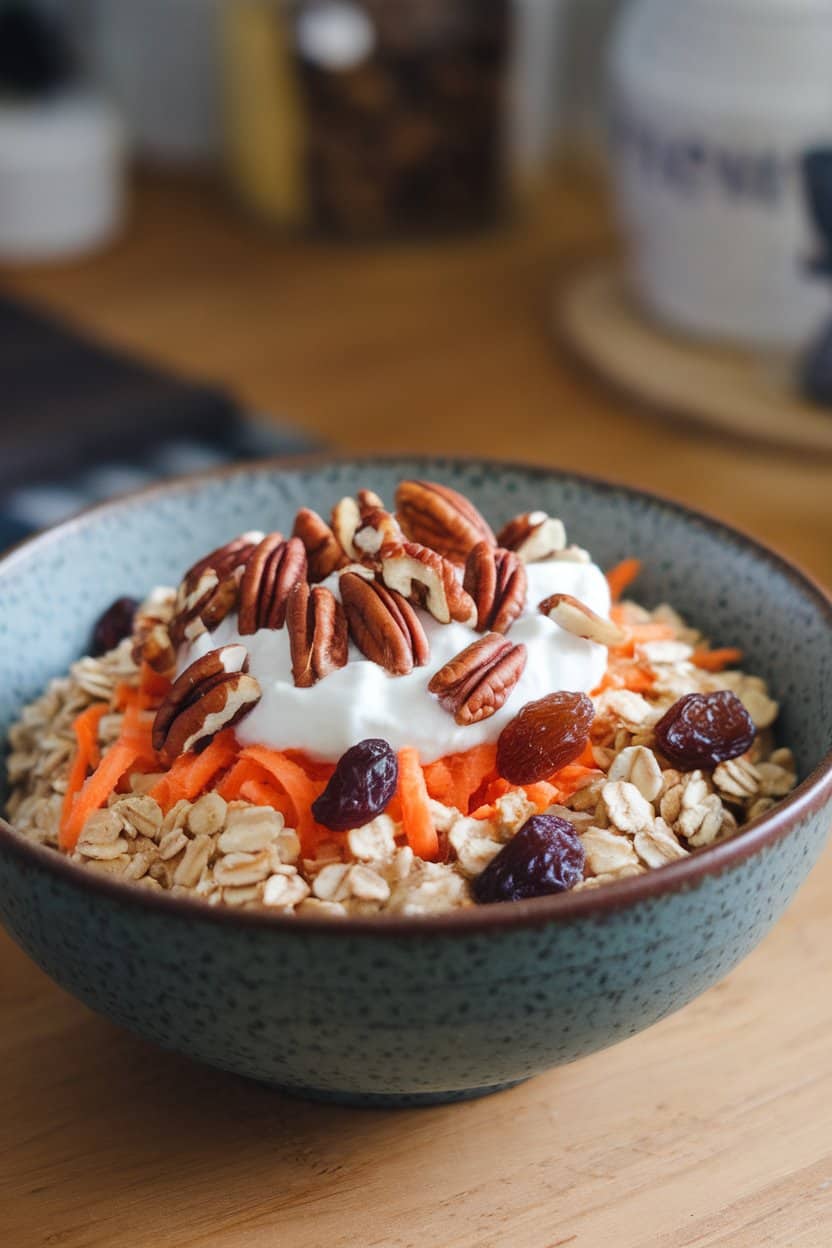 Indoor photo of oats mixed with grated carrot and raisins, crowned with a dollop of Greek yogurt and chopped pecans; no text or logos.