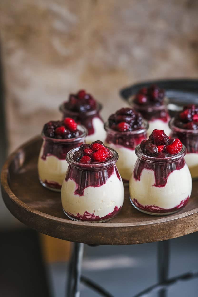 Small glass jars filled with creamy cheesecake mousse topped with berry compote, set on an indoor wooden tray. No text or logos, photo.