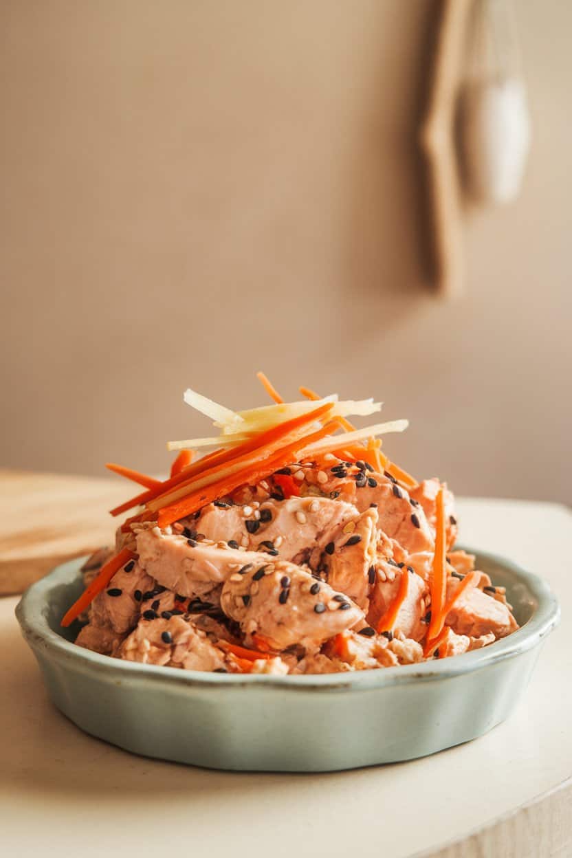 Indoor photo of chicken salad dotted with julienned carrots, toasted sesame seeds, and thin ginger matchsticks, served in a light blue ceramic dish—no text or logos