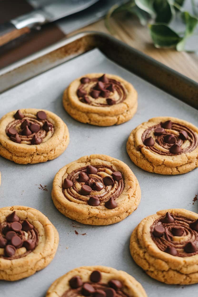 Indoor photo of golden vegan cookies with visible chocolate chunks made from chickpea flour on a baking tray, no text or logos