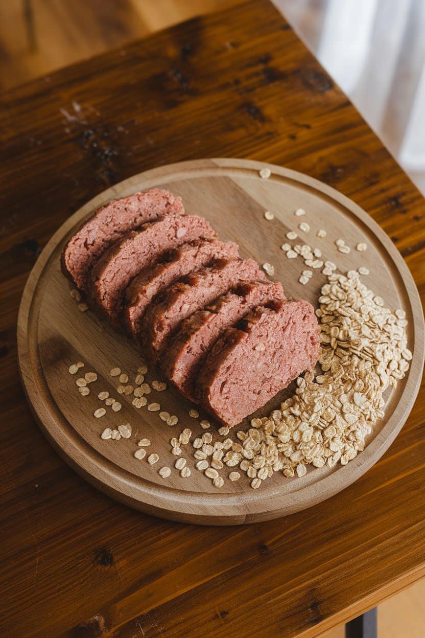 Indoor table with meatloaf slices on a wooden board, scattered gluten-free rolled oats visible on top. No text or logos. Photo only.
