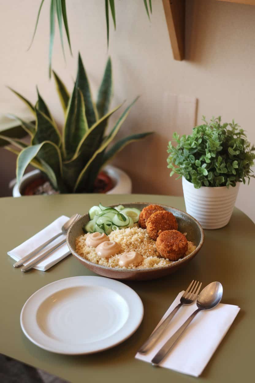 Indoor café table with a bowl containing couscous, crispy falafel, cucumber ribbons, and dollops of tahini sauce. No text or logos, photo not illustration.