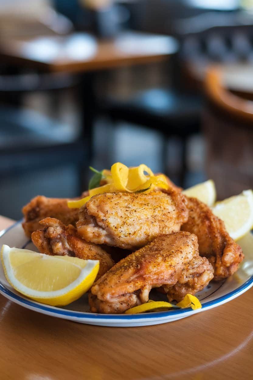 An indoor plate of crispy lemon pepper chicken wings garnished with lemon zest. No logos or text.