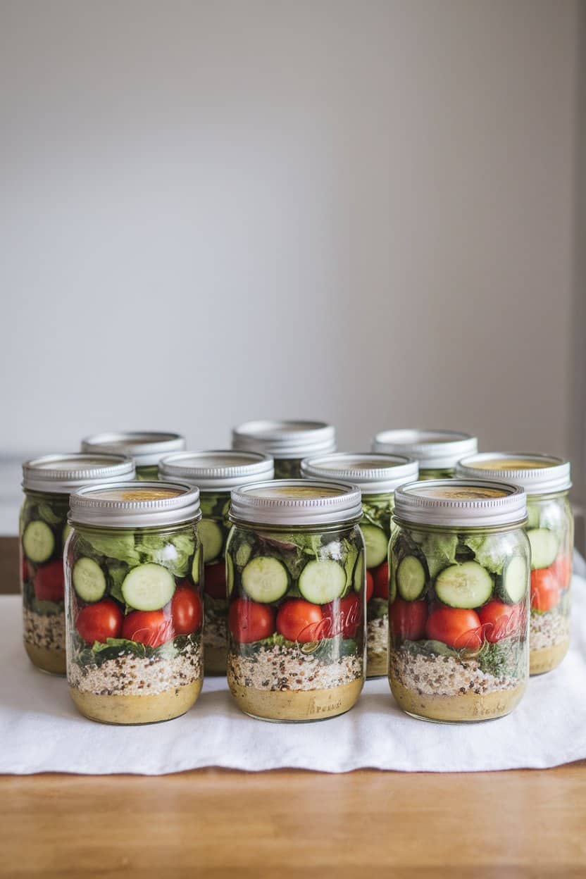An indoor kitchen table showcasing colorful mason jar salads with vinaigrette at the bottom, cherry tomatoes, cucumbers, quinoa, and leafy greens stacked neatly. No text or logos visible anywhere. Photo only.