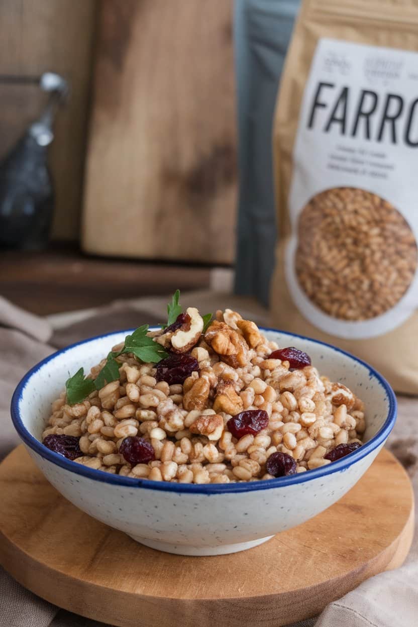Photo inside a kitchen of a bowl containing chewy farro grains mixed with dried cranberries, chopped walnuts, and parsley, lightly dressed. No text or logos present.