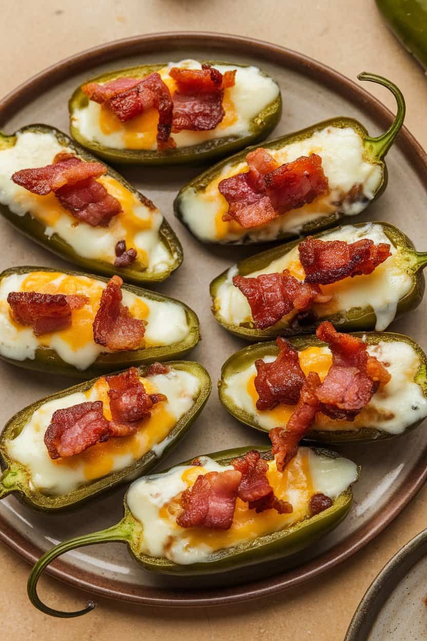 An indoor appetizer plate featuring halved jalapeños stuffed with melted cheese and bacon crumbles. No logos or text.
