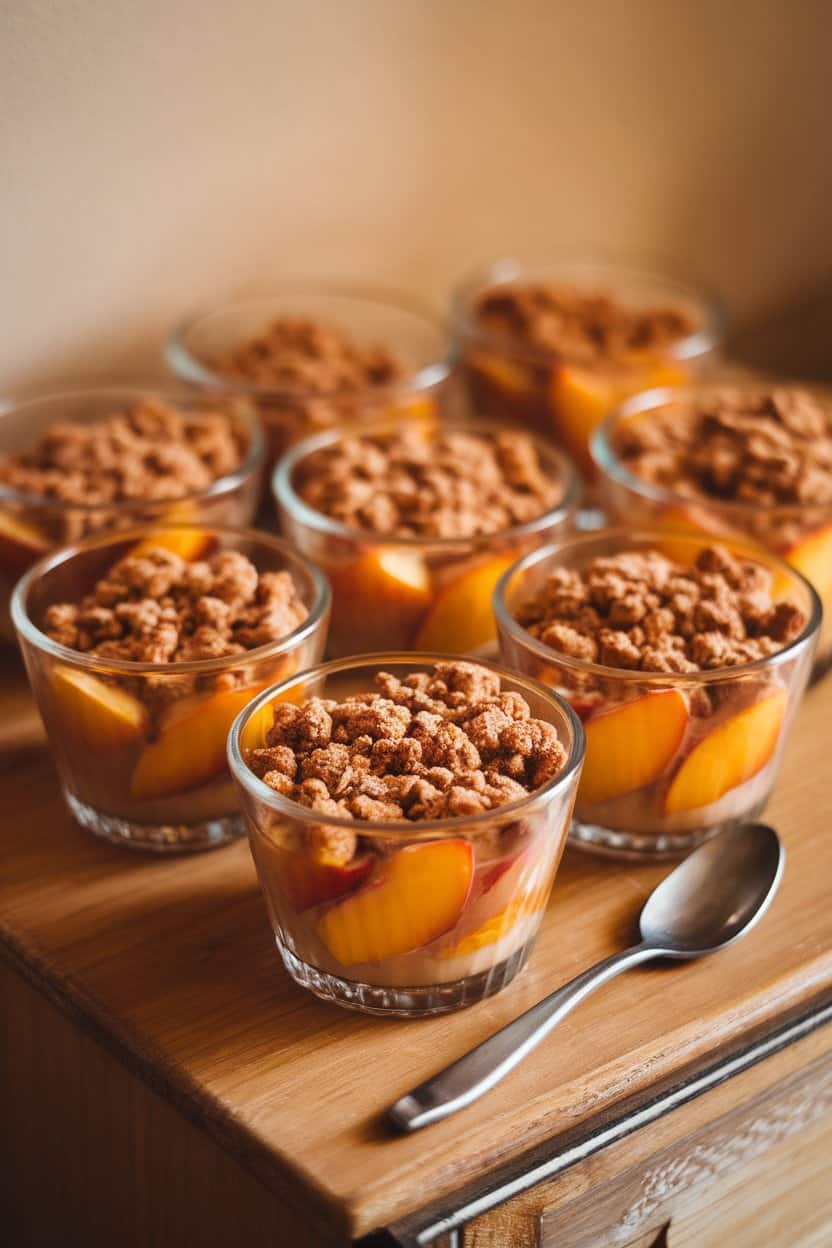 Individual glass cups indoors layered with warm peach filling and cinnamon crumble topping, a spoon resting beside one. No text or logos, photo.