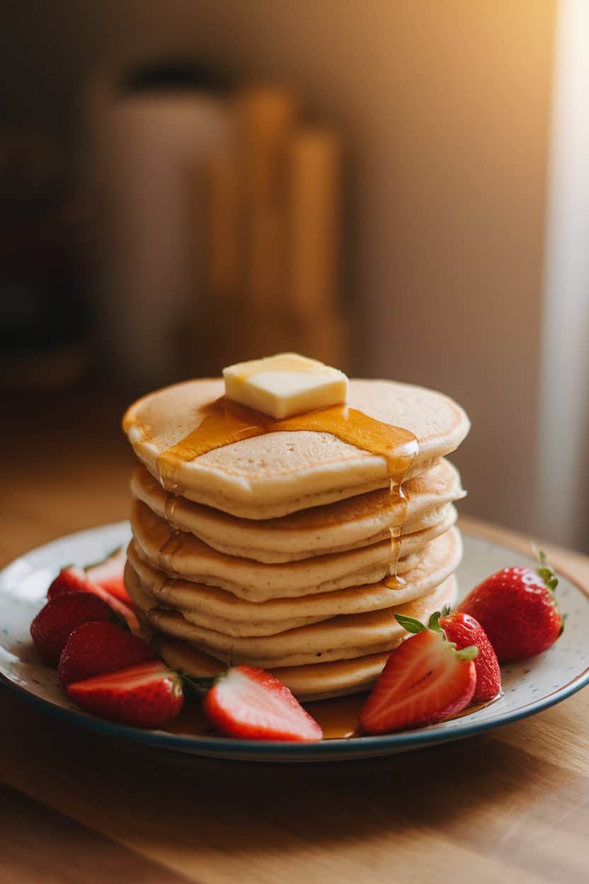 A warmly lit indoor kitchen table showing a stack of heart-shaped strawberry pancakes topped with a pat of melting butter and a drizzle of maple syrup, sliced strawberries scattered around the plate. No text or logos visible.