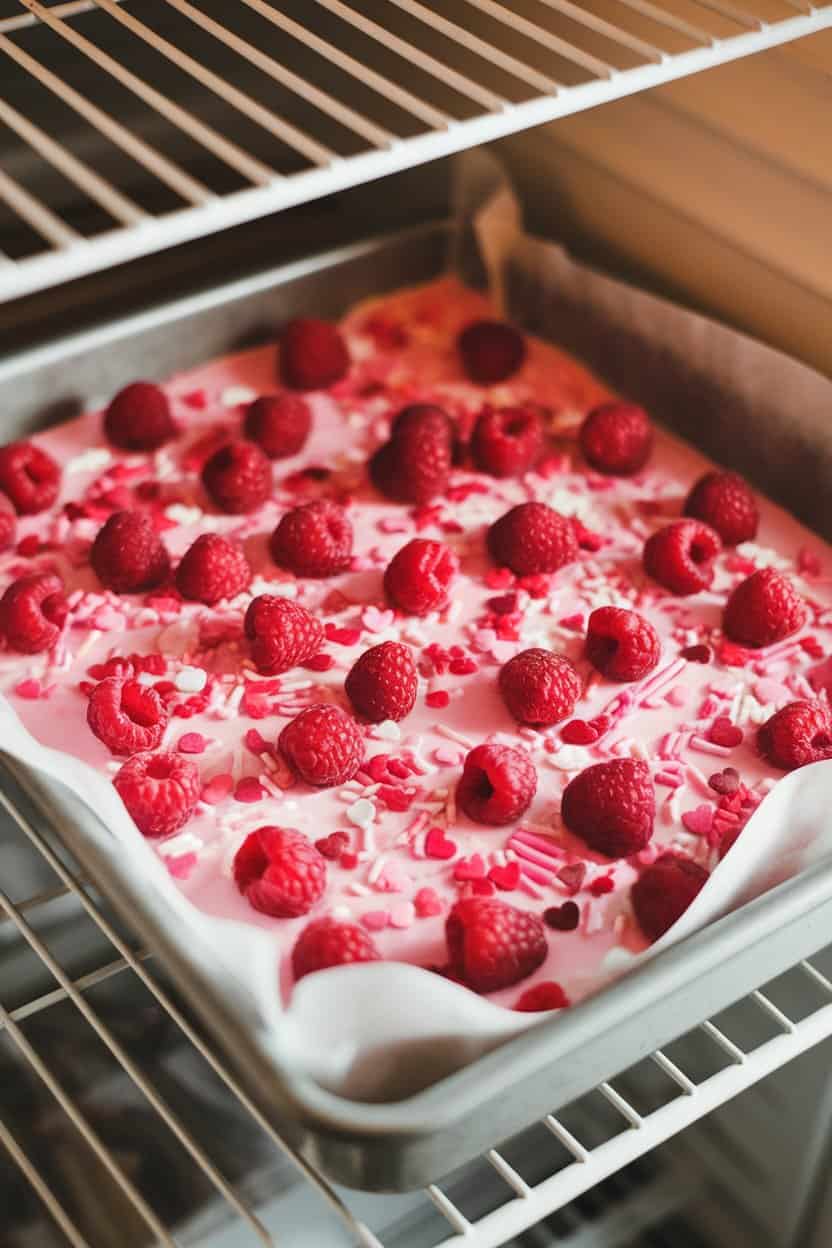 A refrigerator shelf view of a baking tray lined with parchment and spread with pink raspberry yogurt bark studded with fresh raspberries and heart-shaped sprinkles. Indoor lighting, no text or logos.