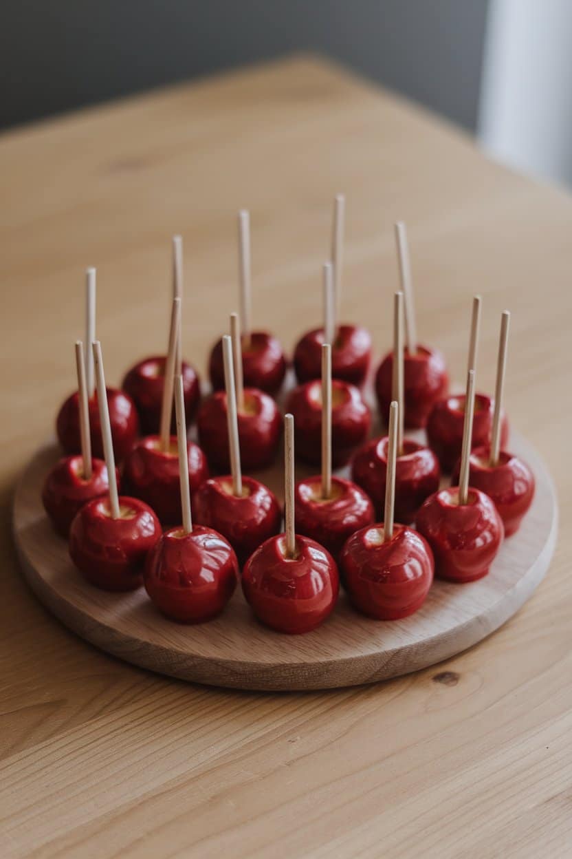 An indoor wooden board with glossy mini red candied apples on lollipop sticks, no logos or text.