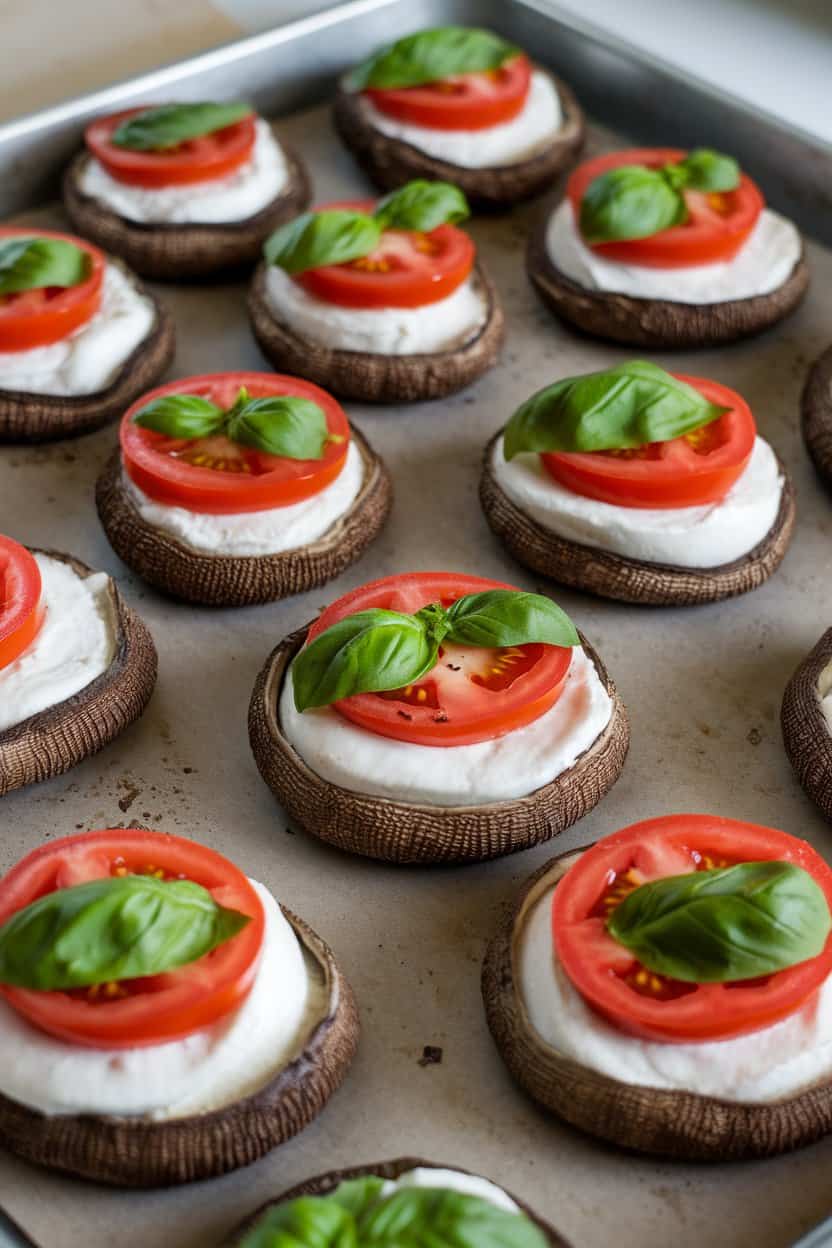 A baking sheet indoors with portobello caps filled with mozzarella, tomato slices, and basil leaves, cheese just melted, no text or logos.