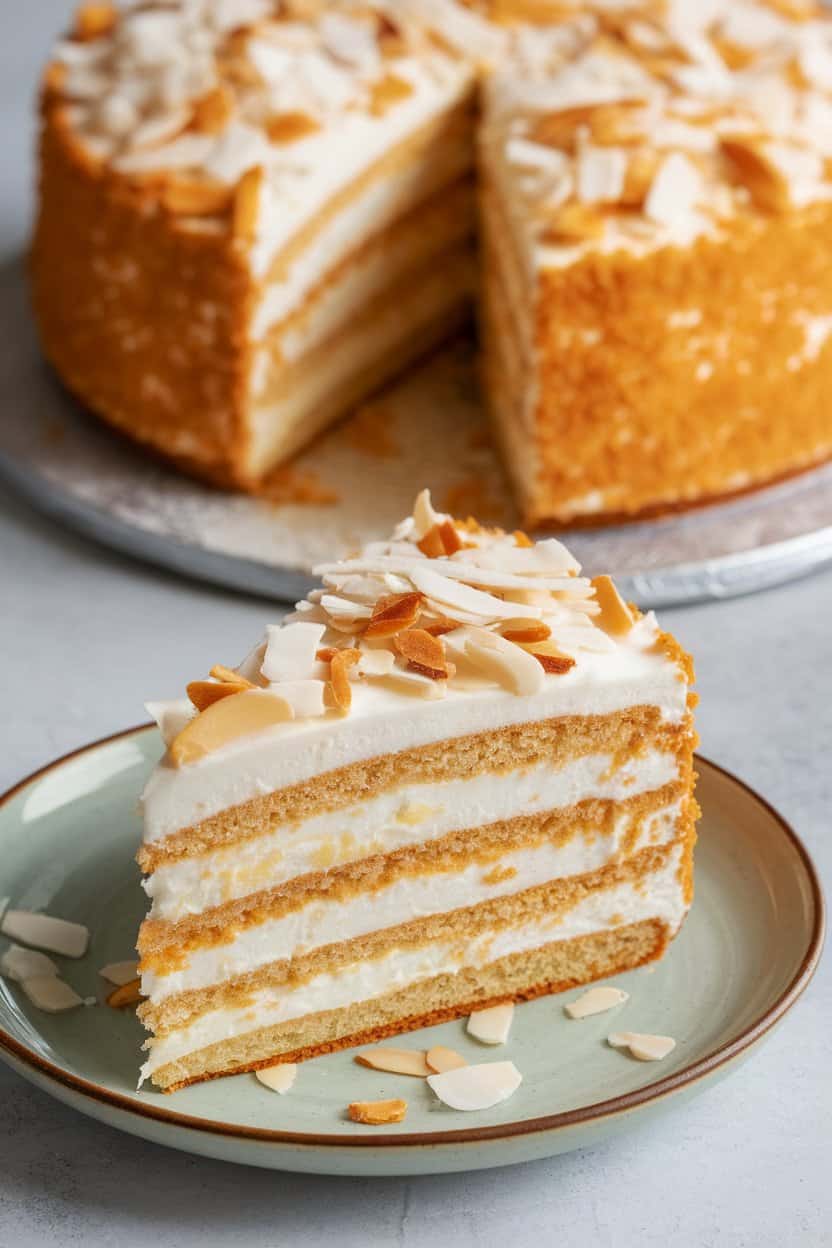Photo: Slice of tres leches cake soaked and topped with toasted coconut flakes and slivered almonds, indoor dessert plate. No text or logos anywhere.