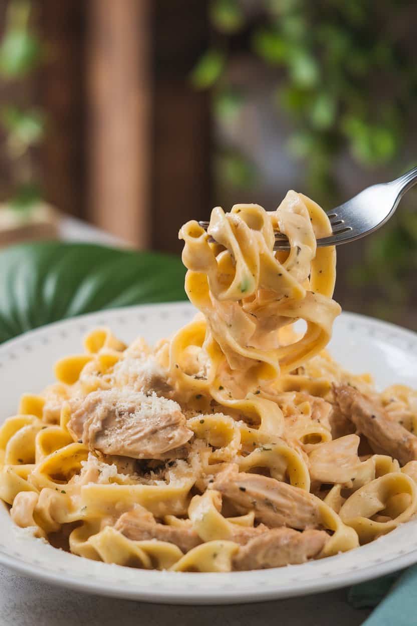 Indoor photo of creamy garlic chicken pasta twirled on a fork, grated Parmesan visible—no branding