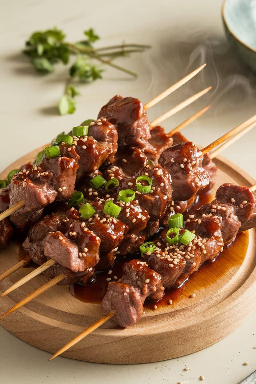 Indoor platter of glazed beef skewers garnished with sesame seeds and scallions; steam rising subtly; no text or logos.