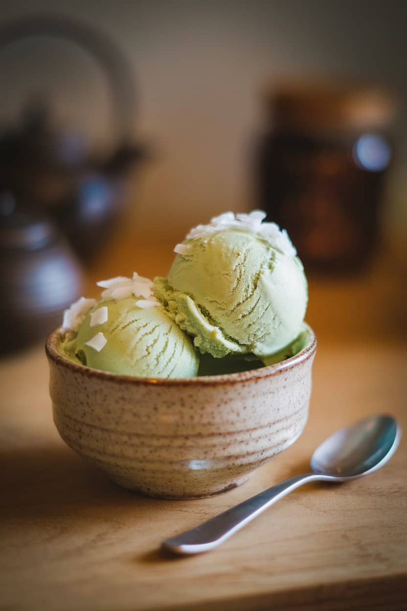 Indoor photo of a ceramic bowl with two scoops of pale green matcha ice cream, coconut flakes sprinkled on top, a metal spoon resting nearby. Soft studio lighting, no text or logos.