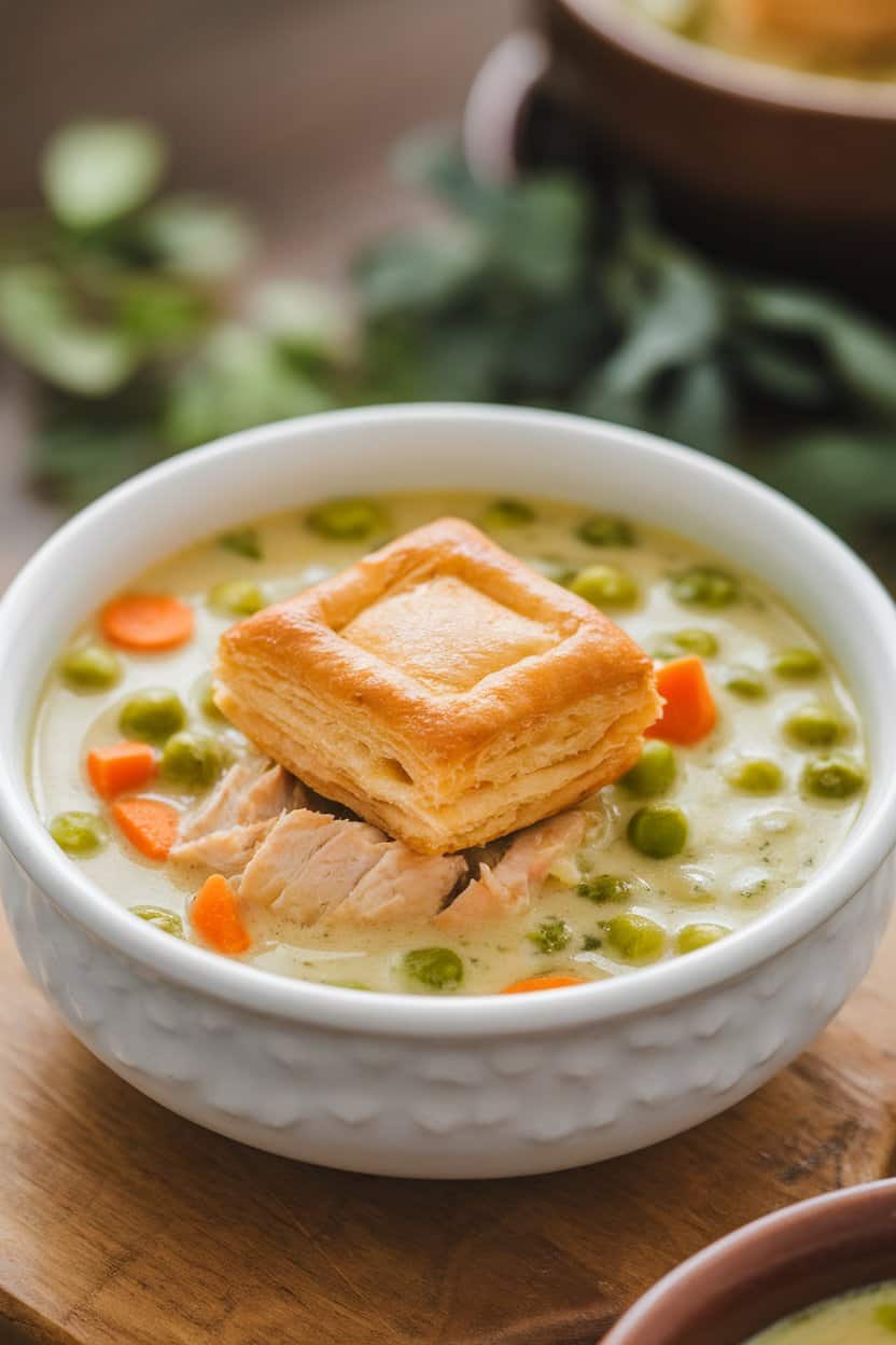 Indoor table with a creamy chicken soup filled with peas and carrots, topped with a single golden puff-pastry square resting on the rim; no text or logos.