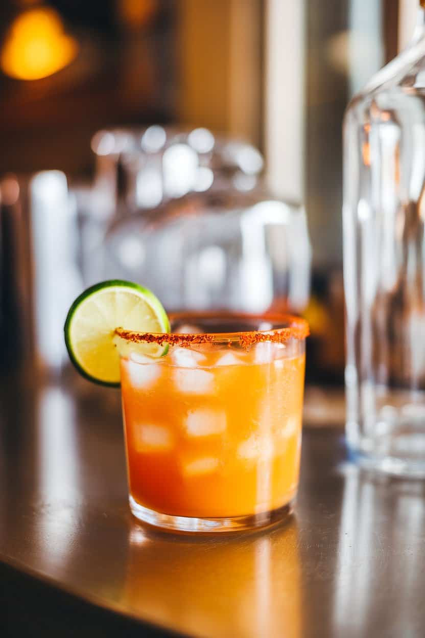 Photo of an indoor bar top with a chilled rocks glass rimmed lightly in chili powder, filled with vibrant orange mango beverage over ice, lime wedge on side; no text or logos