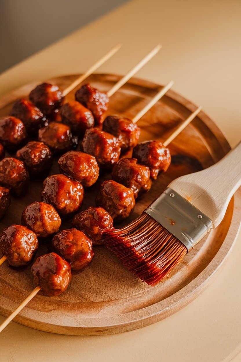 An indoor serving board showcasing glazed meatballs threaded on wooden skewers, a brush coated with barbecue sauce resting alongside. Warm overhead lighting, no logos or text. Photo only.
