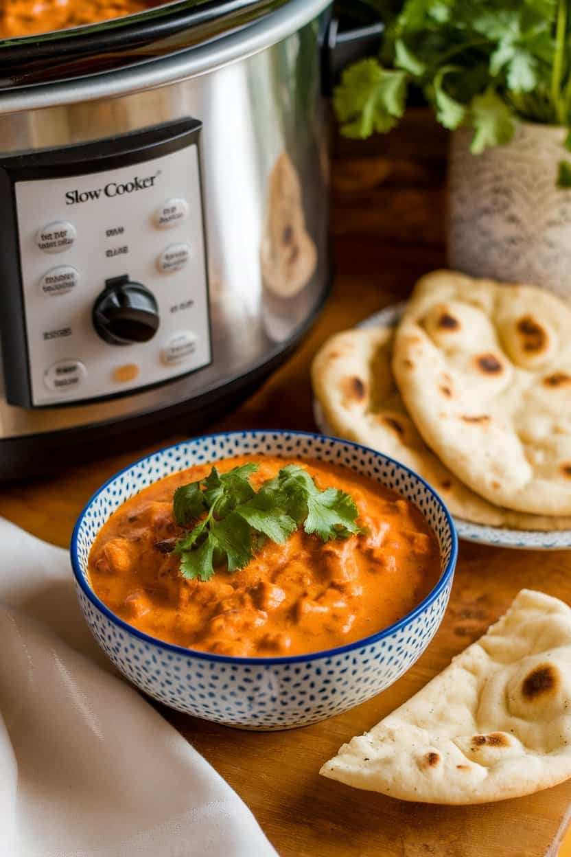 A warmly lit countertop scene featuring a bowl of creamy orange turkey tikka masala garnished with cilantro, slow cooker visible behind. No text or logos.