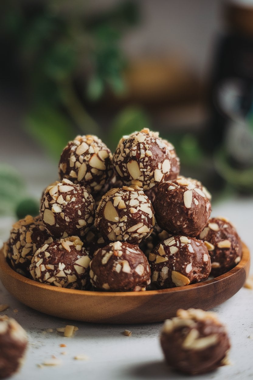 Indoor tabletop with a small wooden plate piled high with cocoa-dark protein balls sprinkled with crushed almonds. Soft directional light, no text or logos. Photo only.
