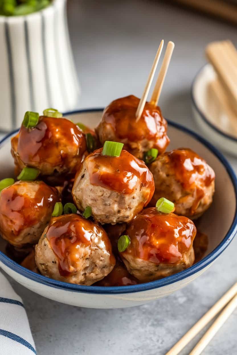 Indoor serving bowl of glossy teriyaki-glazed turkey meatballs garnished with scallions, wooden picks provided, no text or logos.