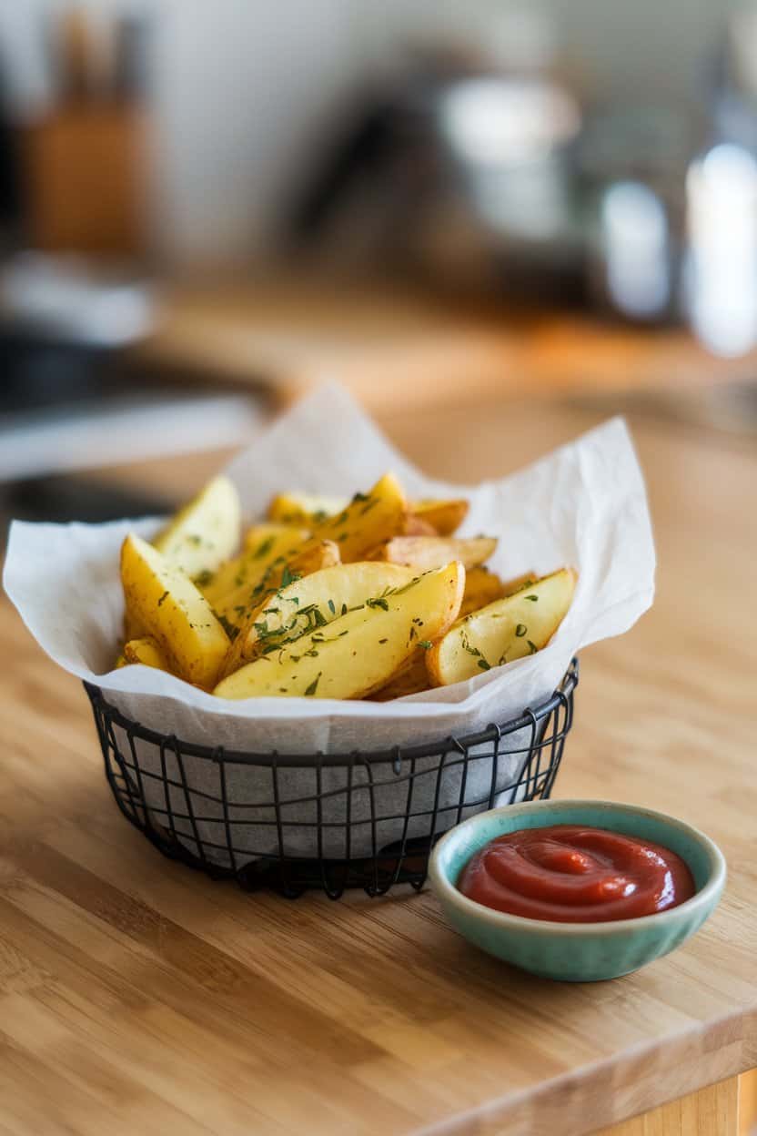 An indoor countertop with a parchment-lined basket of golden potato wedges, speckled with herbs, and a small dish of ketchup. No text or logos. Photo only.