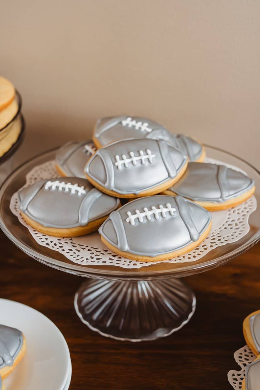 Photo of football-on-pedestal shaped cookies glazed in shiny silver icing, arranged on an indoor glass cake stand. No text or logos present.