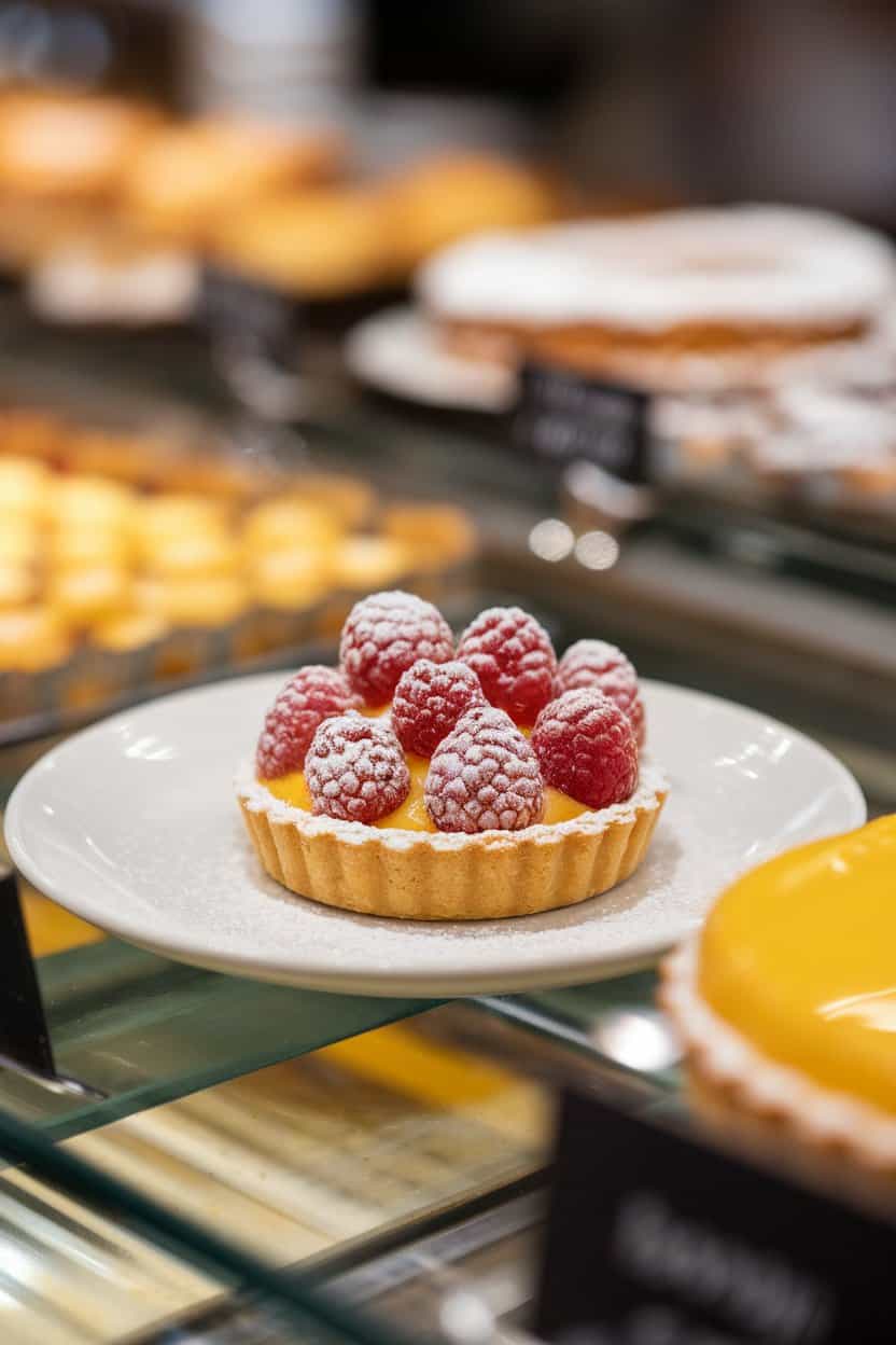 Photo: Mini tart shell filled with lemon curd, topped with fresh raspberries and a dusting of powdered sugar, indoor pastry counter. No text or logos.
